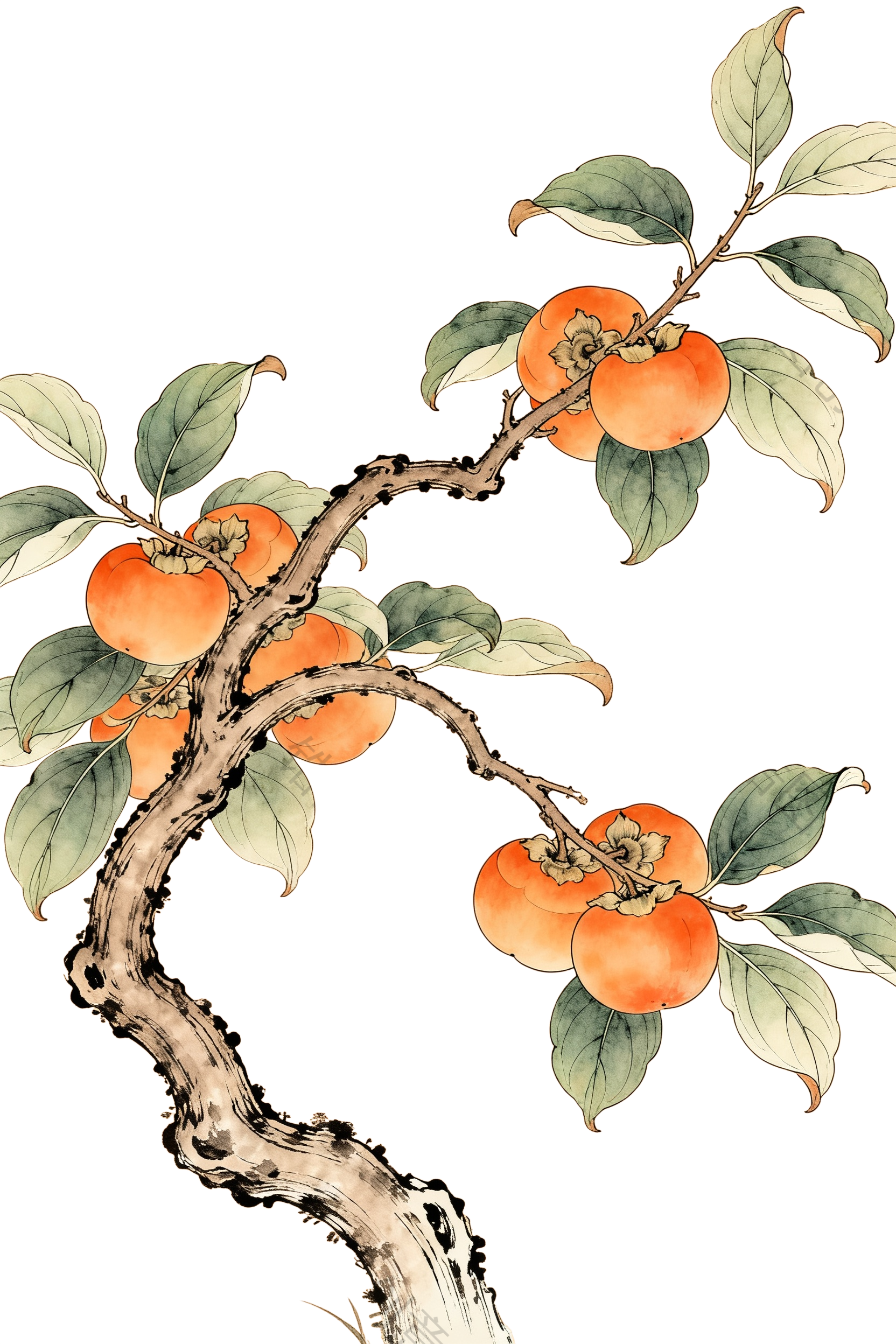 中国风柿子树工笔画插画元素