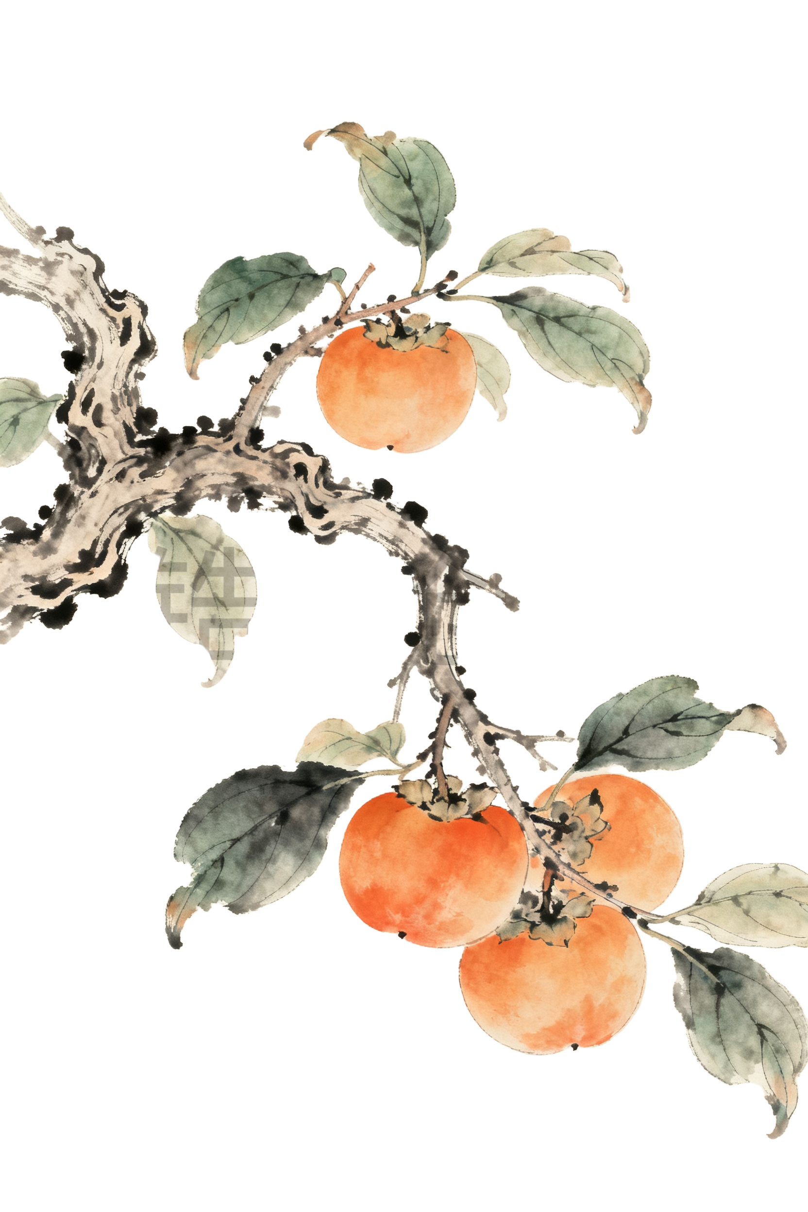 中国风柿子树工笔画插画元素