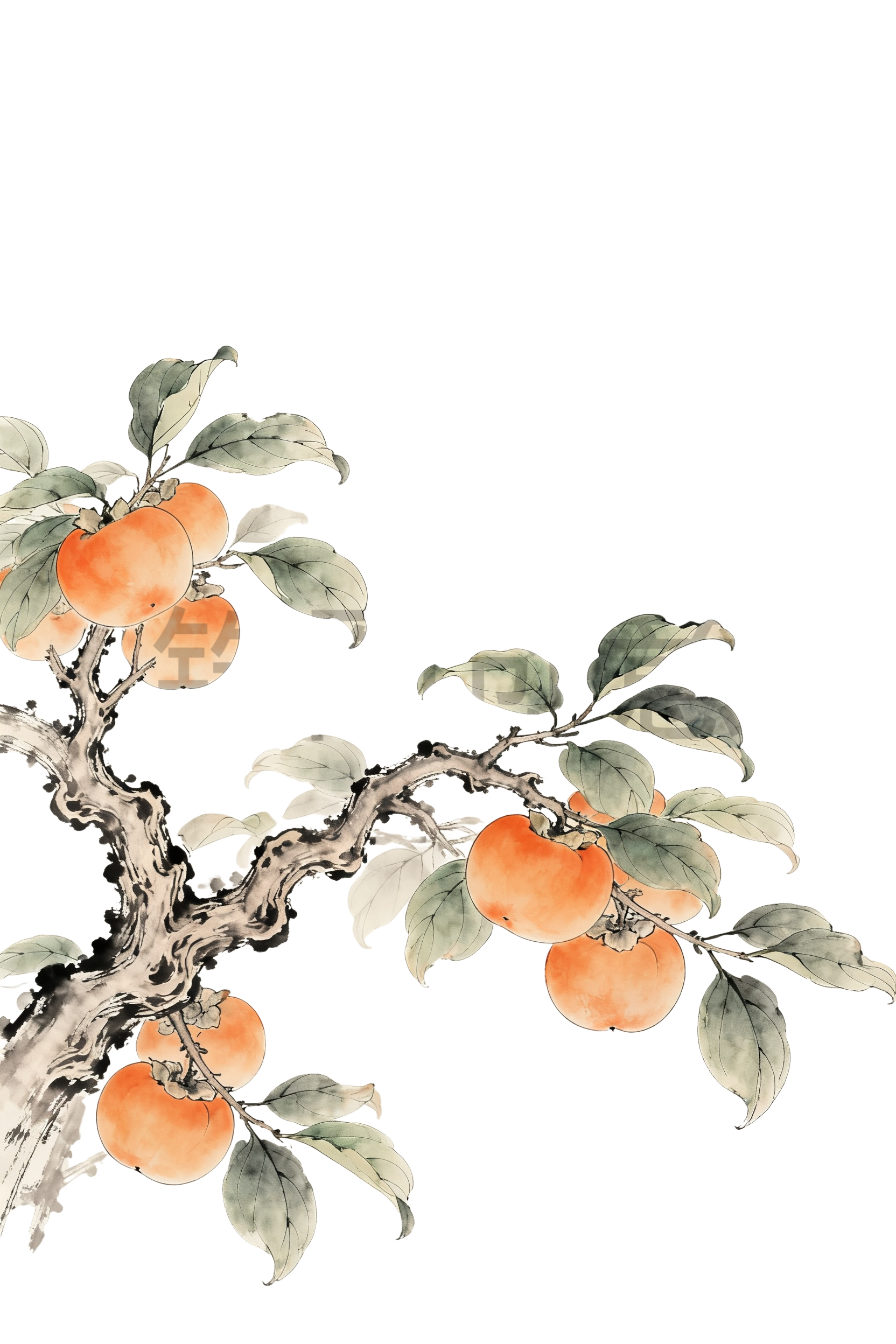 中国风柿子树工笔画插画元素