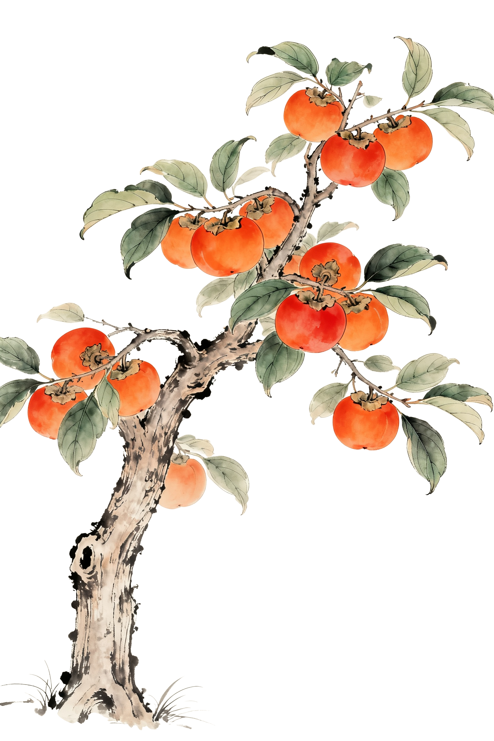 中国风柿子树工笔画插画元素