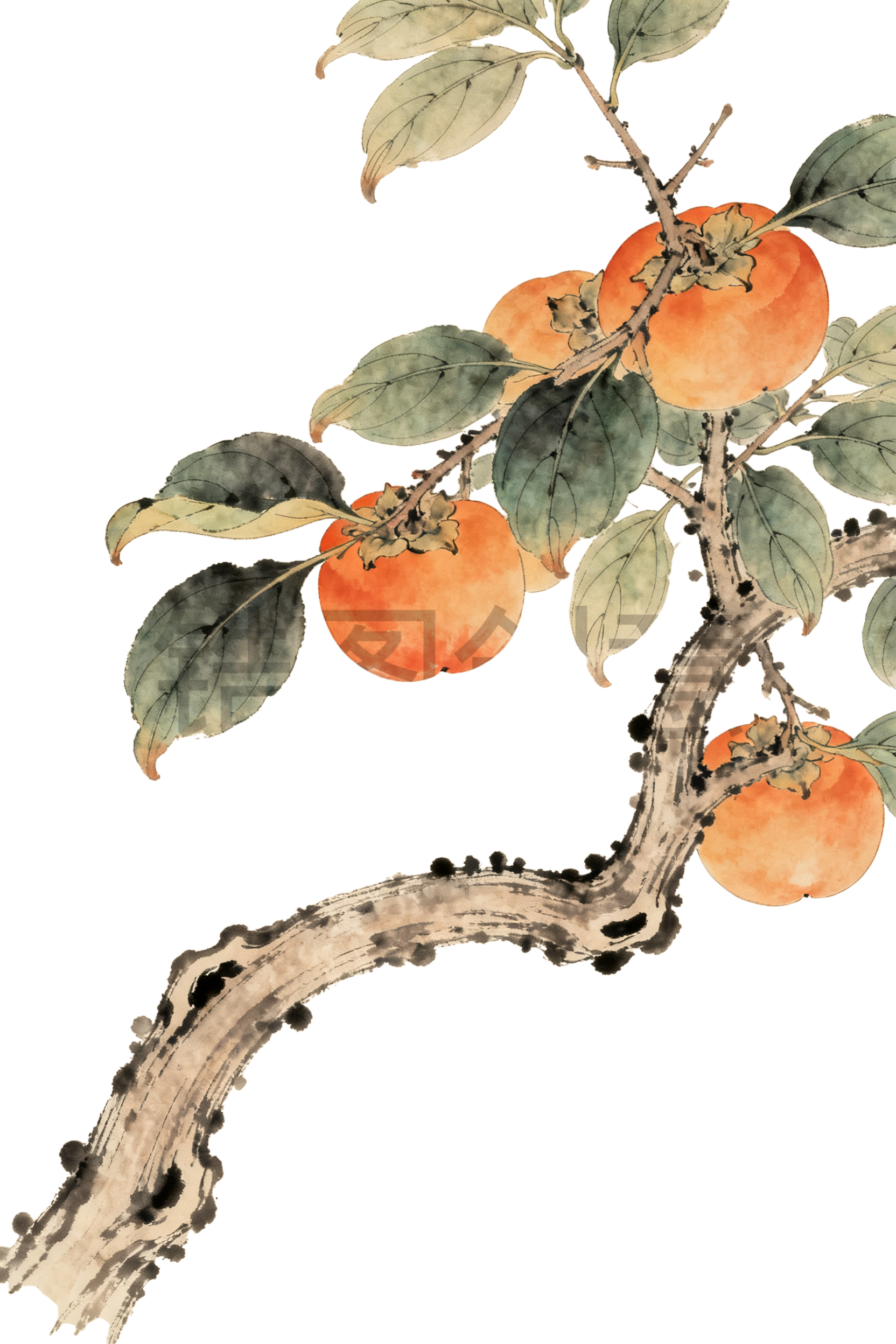 中国风柿子树工笔画插画元素