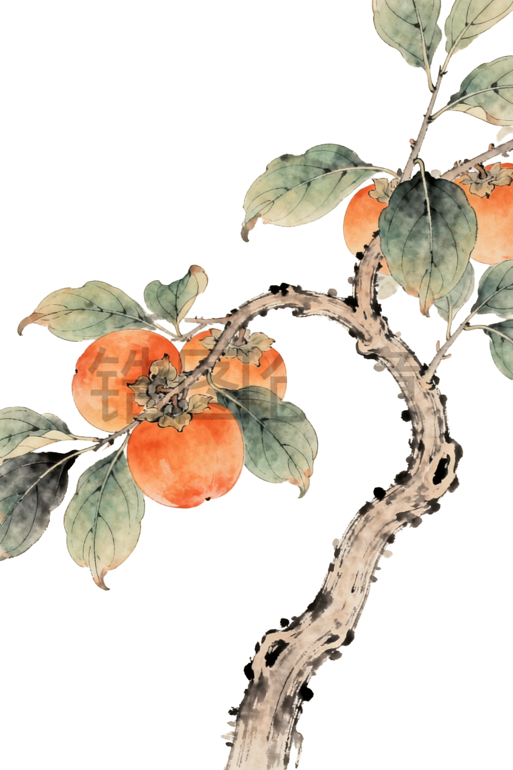 中国风柿子树工笔画插画元素
