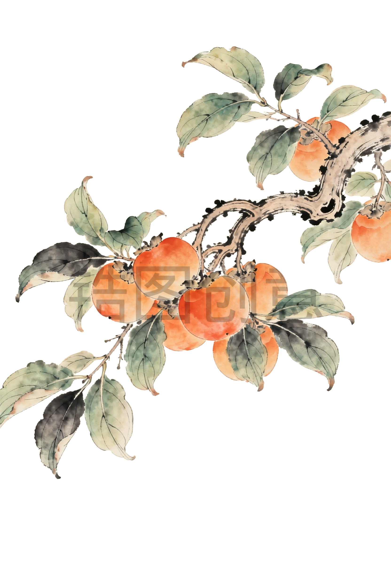中国风柿子树工笔画插画元素