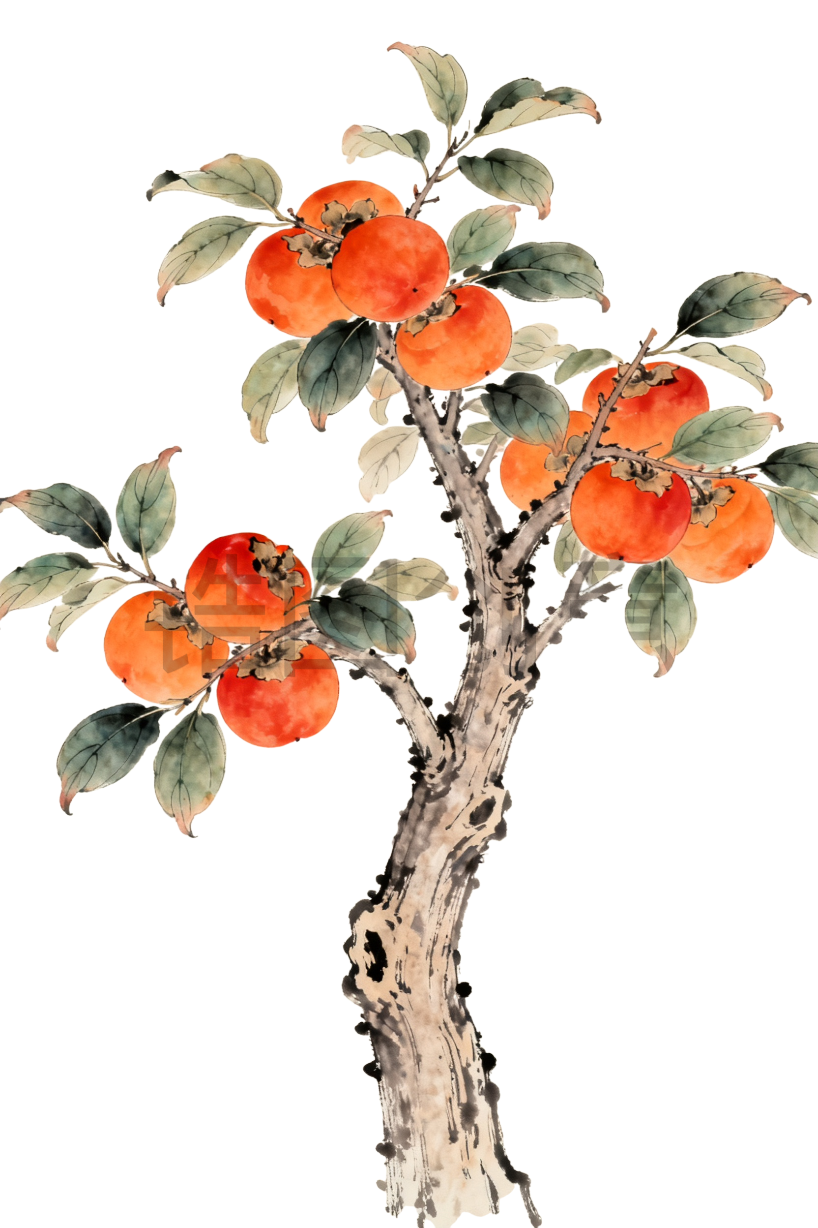 中国风柿子树工笔画插画元素
