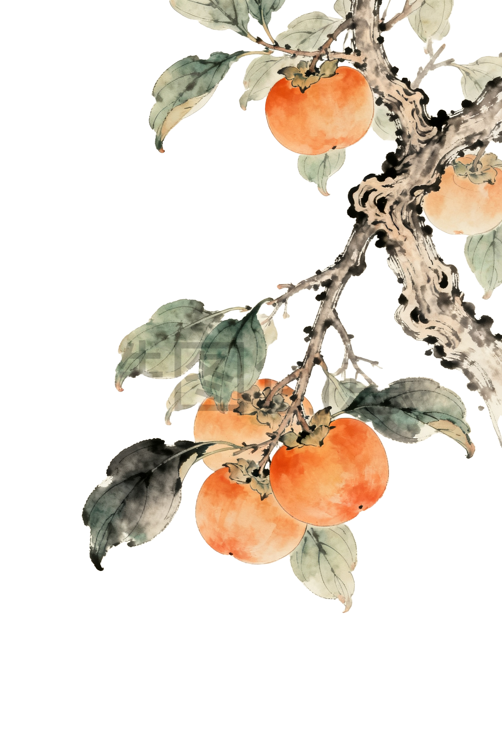 中国风柿子树工笔画插画元素