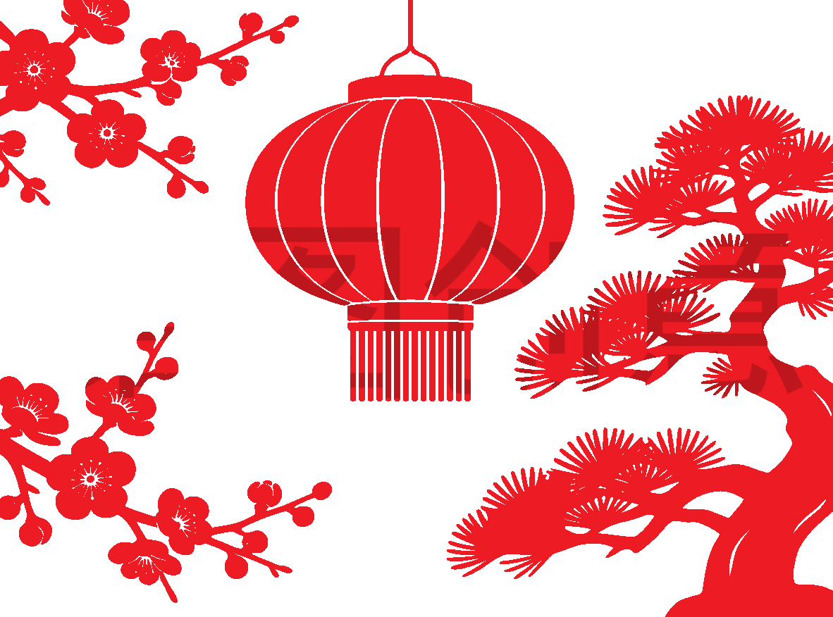 中国风新年新春年俗喜庆扁平松树梅花灯笼剪影元素