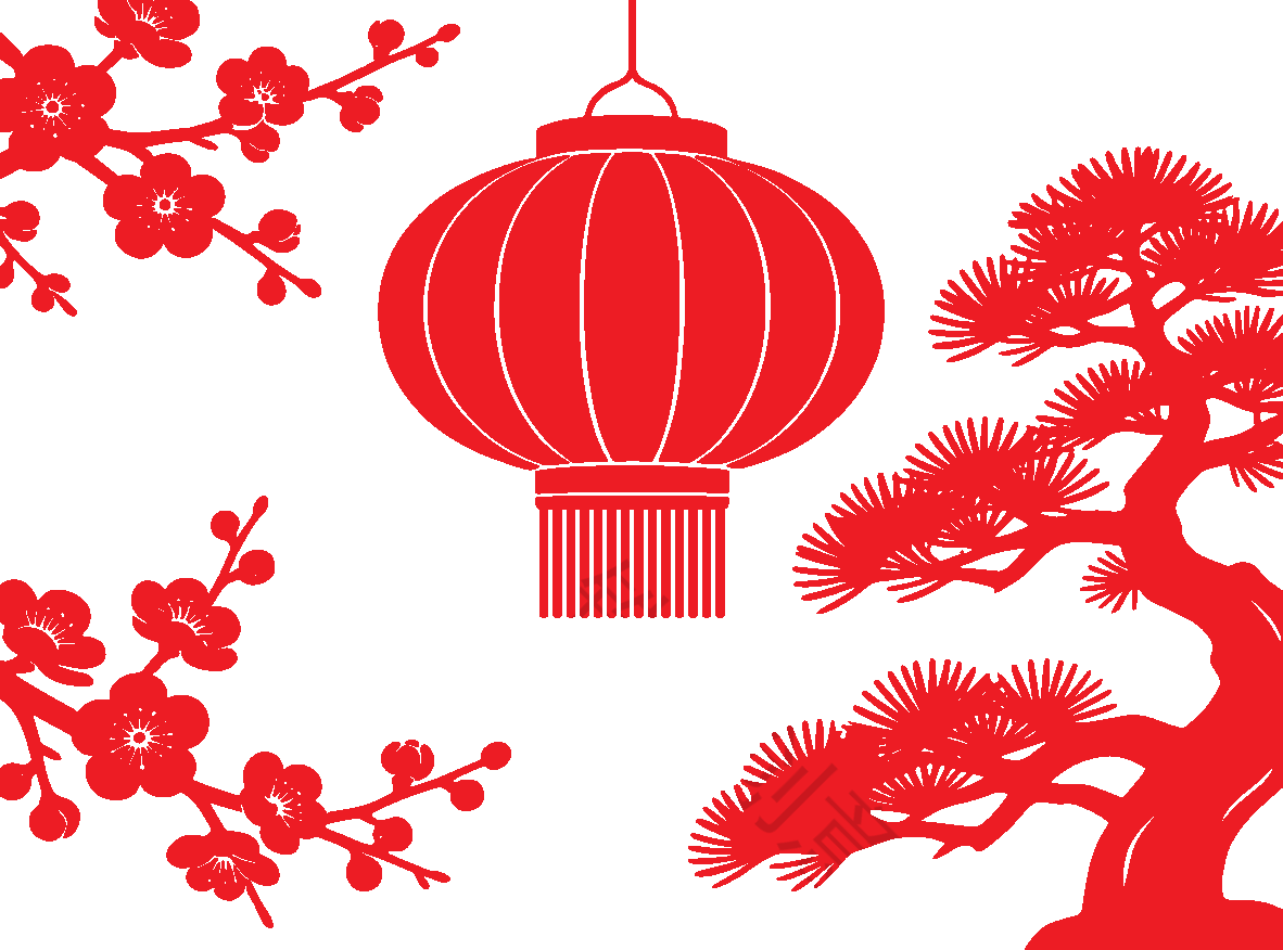 中国风新年新春年俗喜庆扁平松树梅花灯笼剪影元素