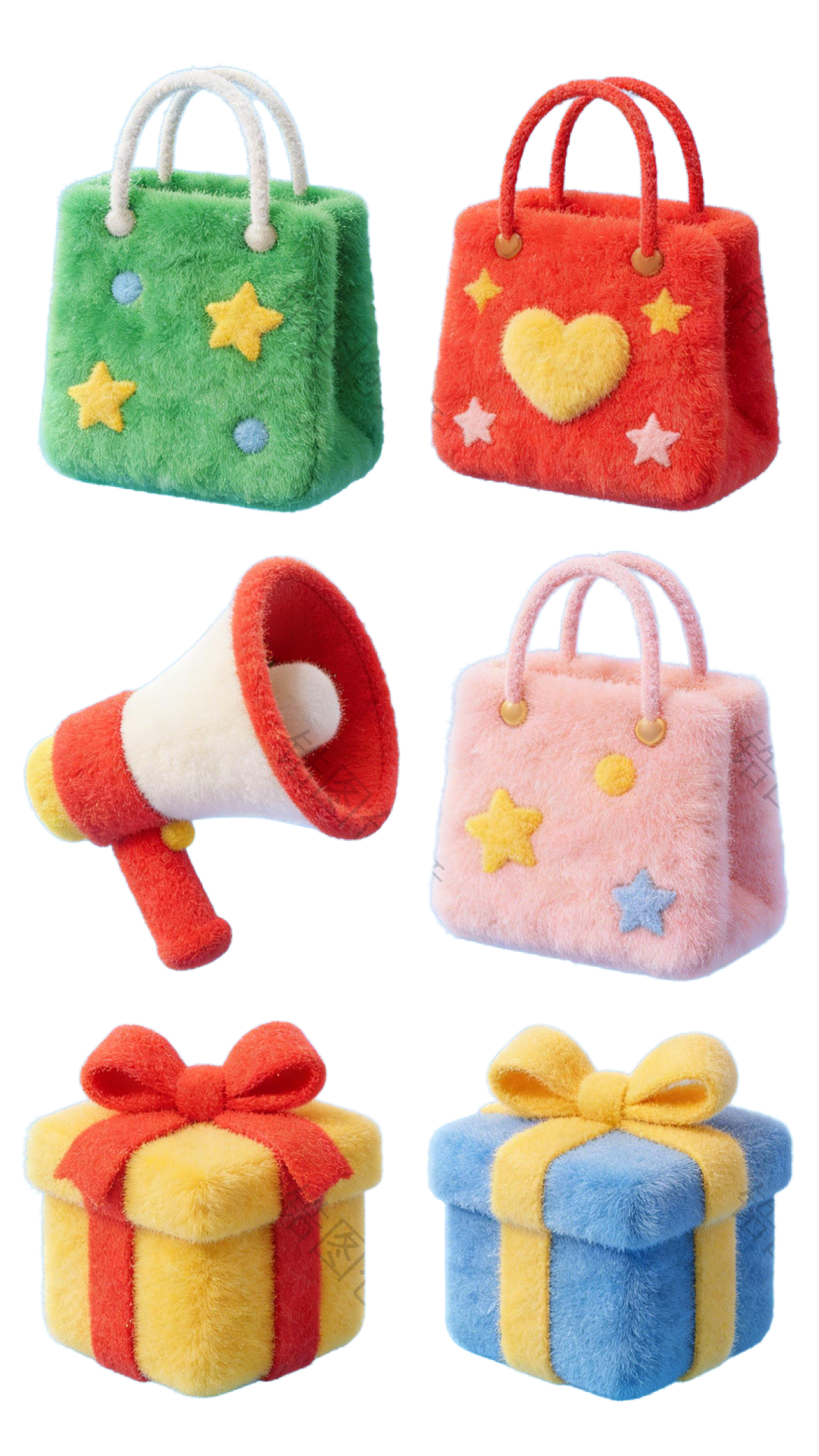 3d毛茸茸质感卡通促销装饰购物袋礼盒喇叭元素