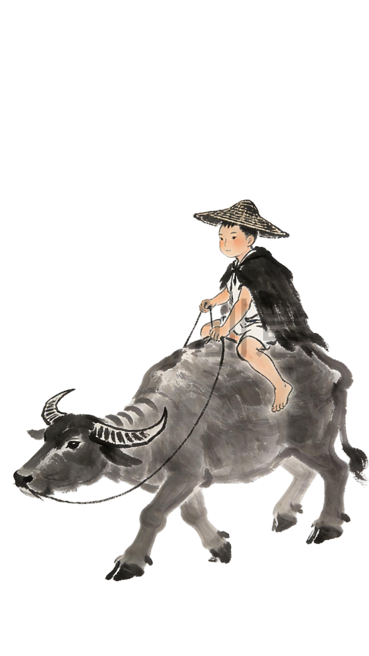 中国风骑牛牧童水墨插画