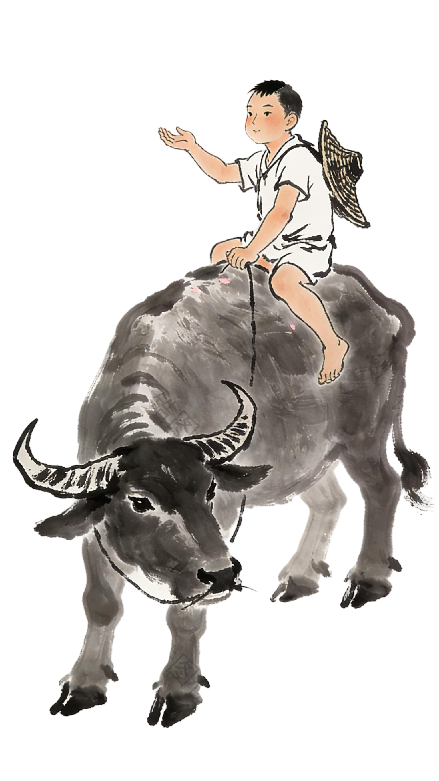 中国风骑牛牧童水墨插画