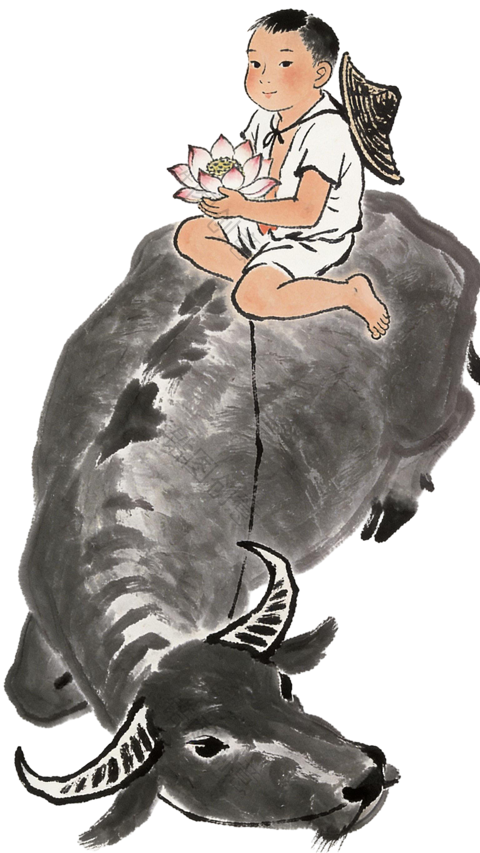 国风水墨风放牛少年元素