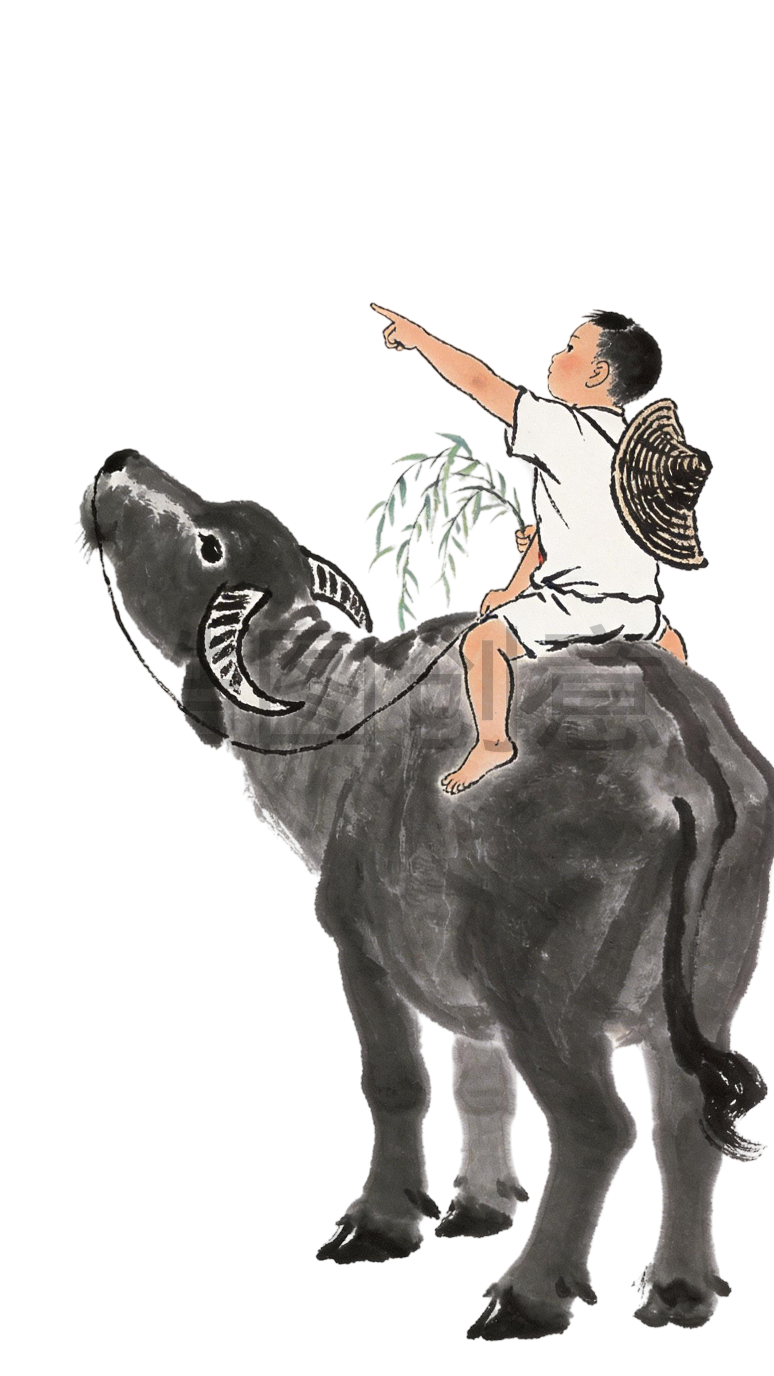 国风水墨风放牛少年元素