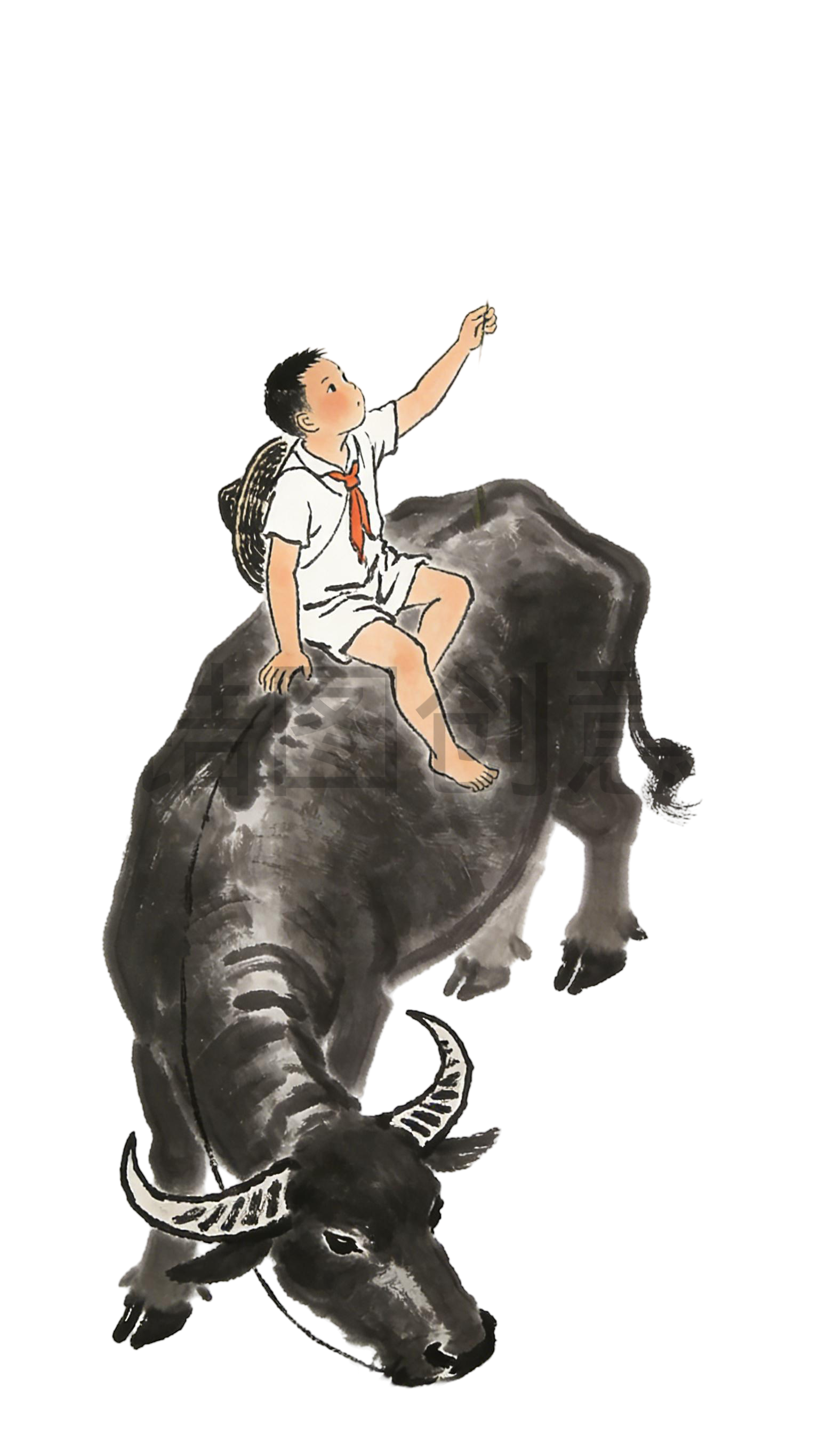 中国风骑牛牧童水墨插画