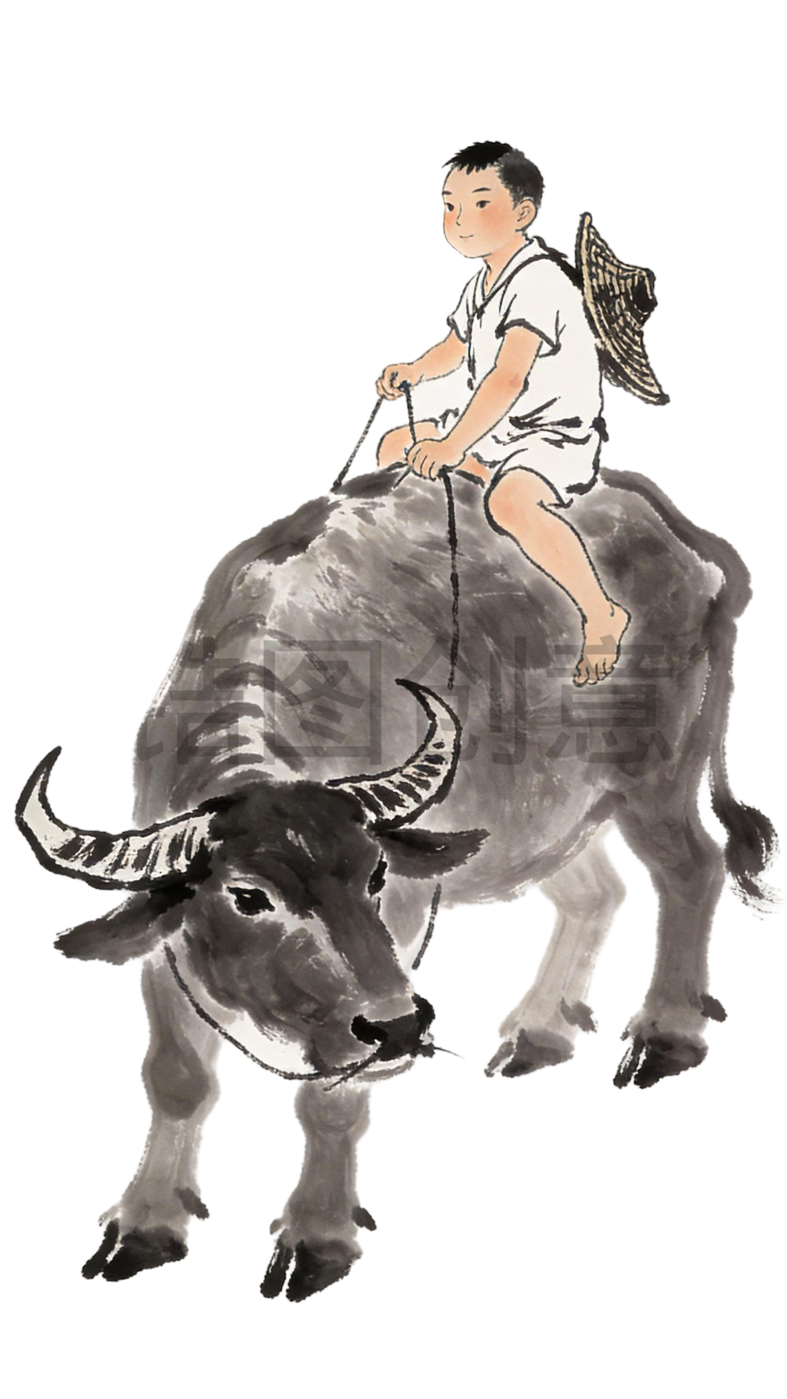 中国风骑牛牧童水墨插画