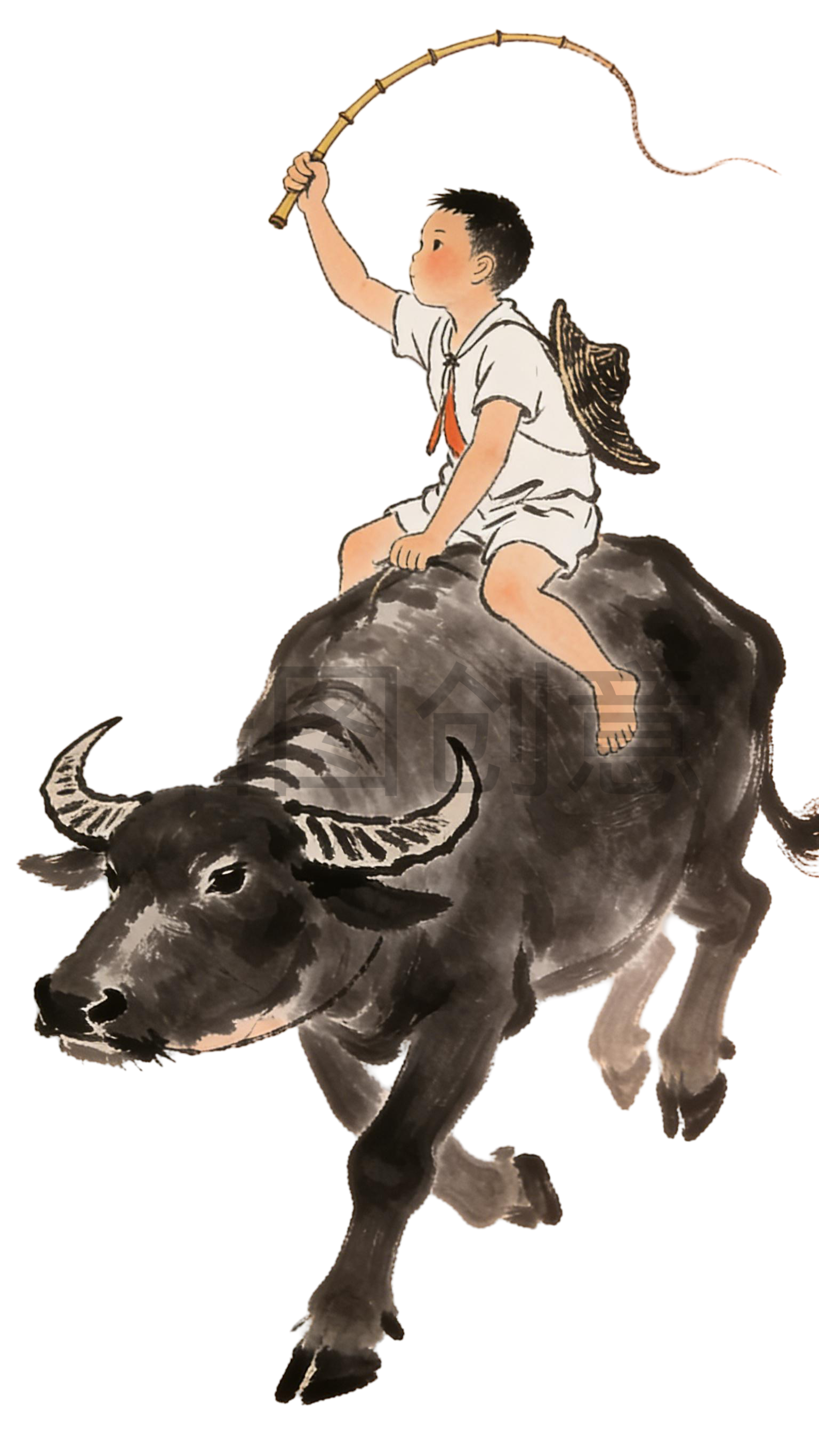 国风水墨风放牛少年元素