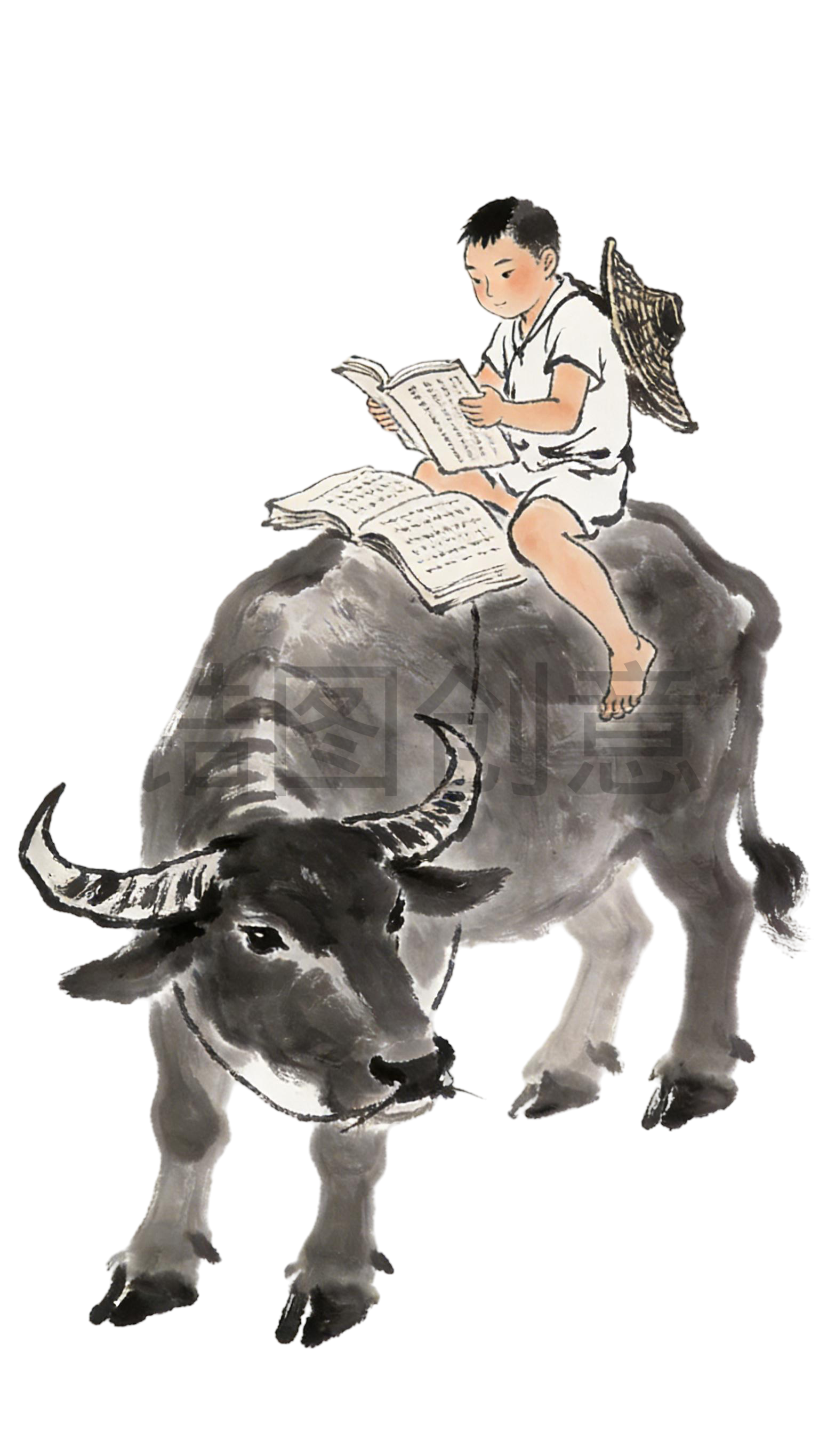 中国风骑牛牧童水墨插画